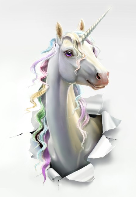 unicorn breaks through the paper, close-up