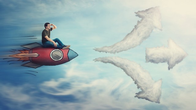 Guy flying on a fast rocket ship, hand to forehead looking far away for destination, has to choose a way as cloud arrows leads to three different directions.