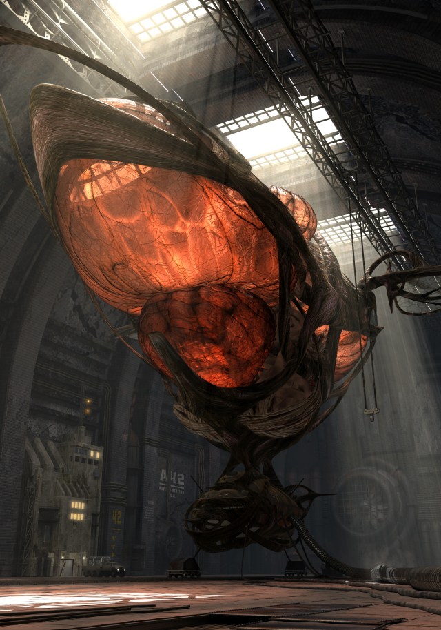3D fantasy organic airship in the hangar
